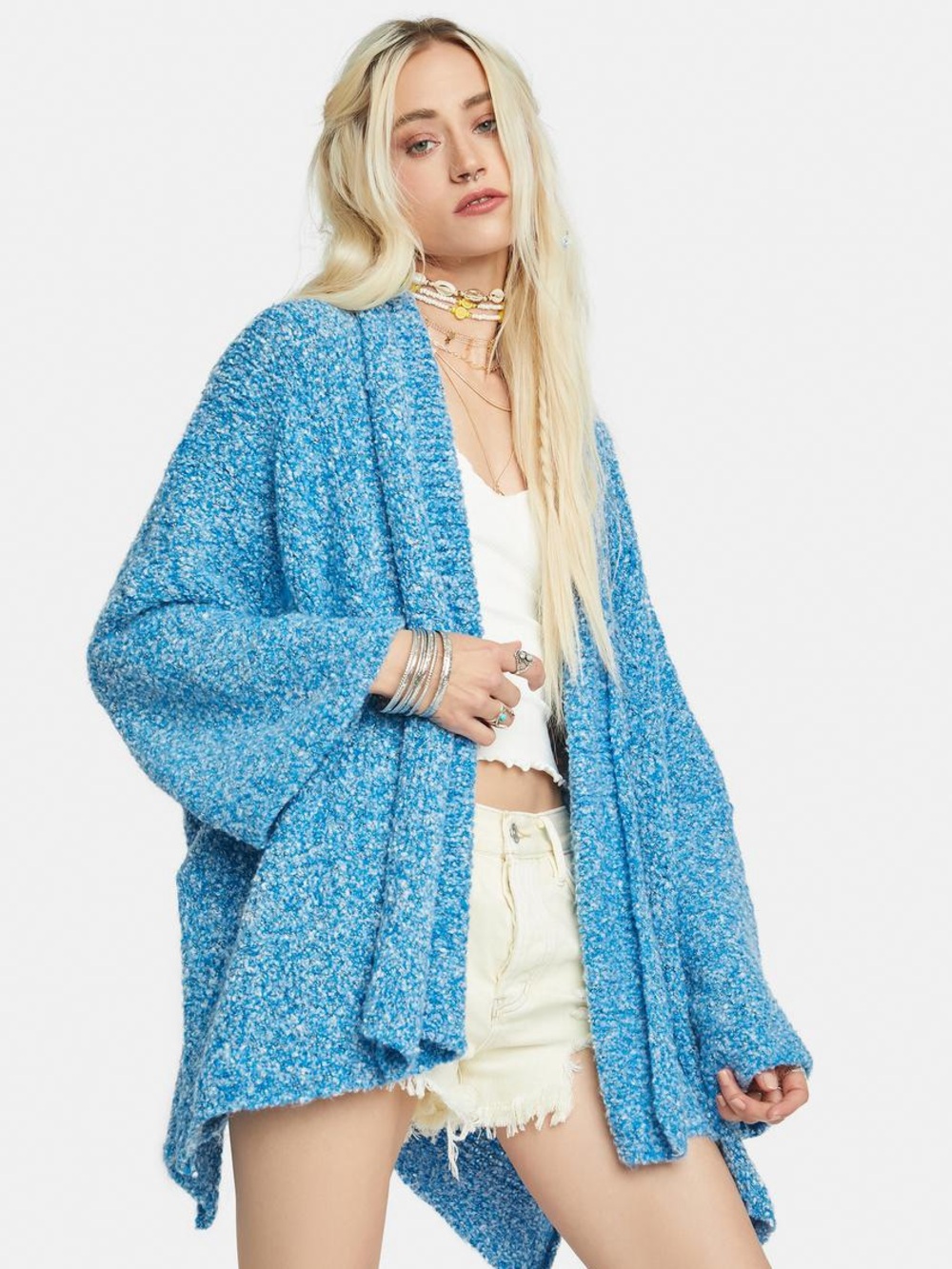 Free People BFF Boucle Cardigan Big Blue Size L/XL Draped Poncho Style
